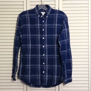 Frank and Oak Blue White Plaid Button Down Cotton Linen Top, Size M